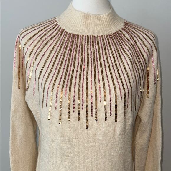 143 Story Chic Cream Sweater Gold Pink Sequin Design Women's Small - Picture 3 of 6